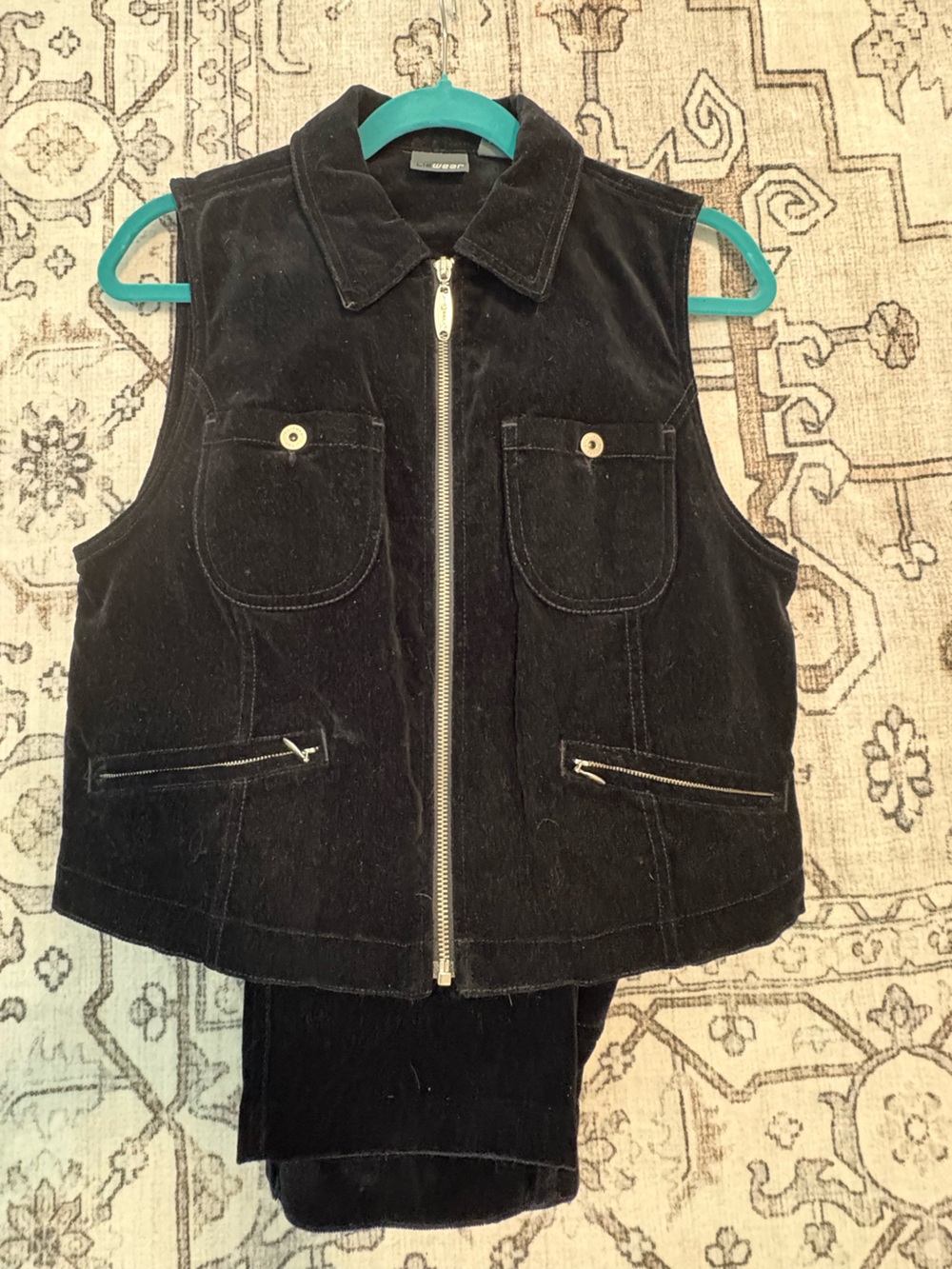 Vintage Velvet Zip Front Black Vest & Pants Set